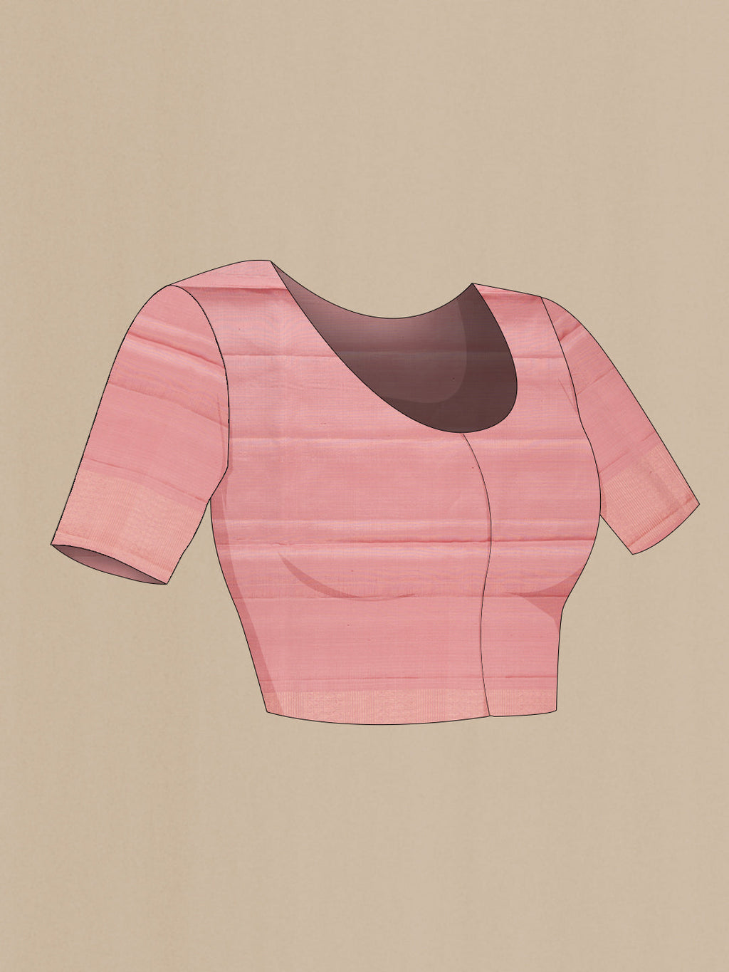 Close up image of the blouse of Rose Gold Soft Silk Saree with Zari Brocade on the body and Fancy Border. 