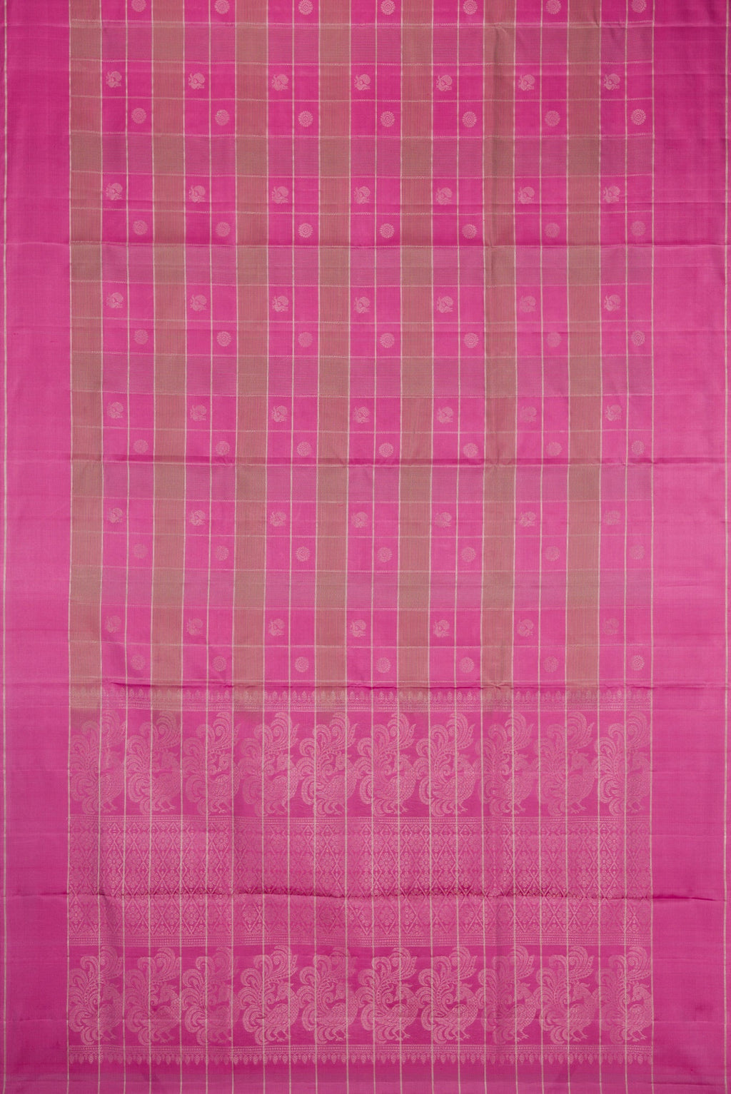 Flat view of Pink Soft Silk Saree with Checked design on the body and Plain Border. 