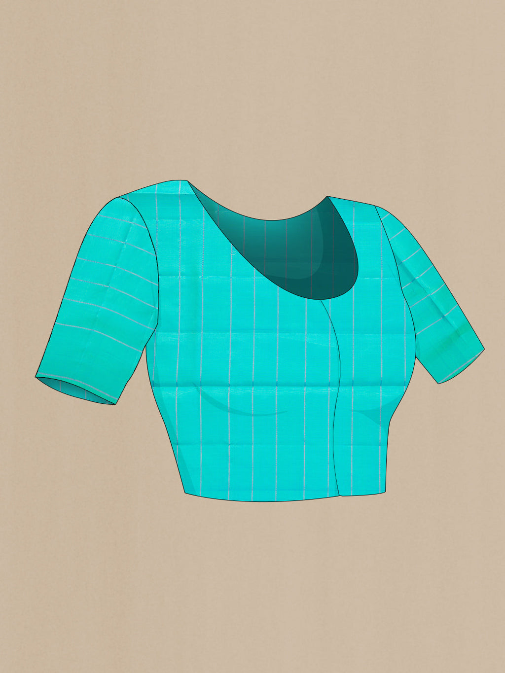 Close up image of the blouse of Sea Green Soft Silk Saree with Checked design on the body and Plain Border. 