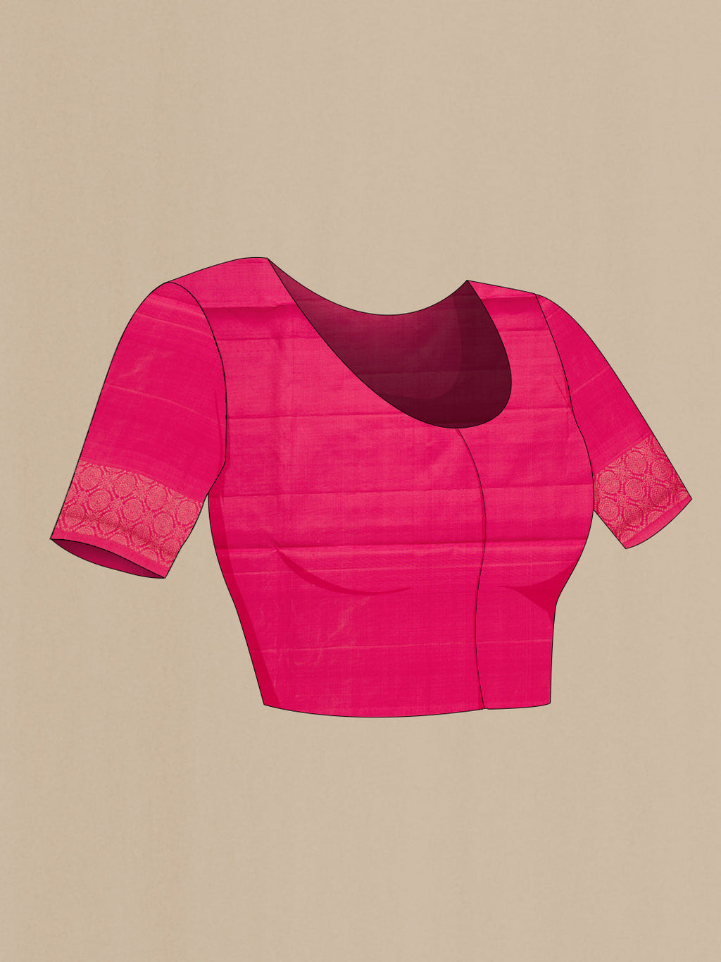 Close up image of the blouse of Pink Soft Silk Saree with Zari Brocade on the body and Fancy Border. 