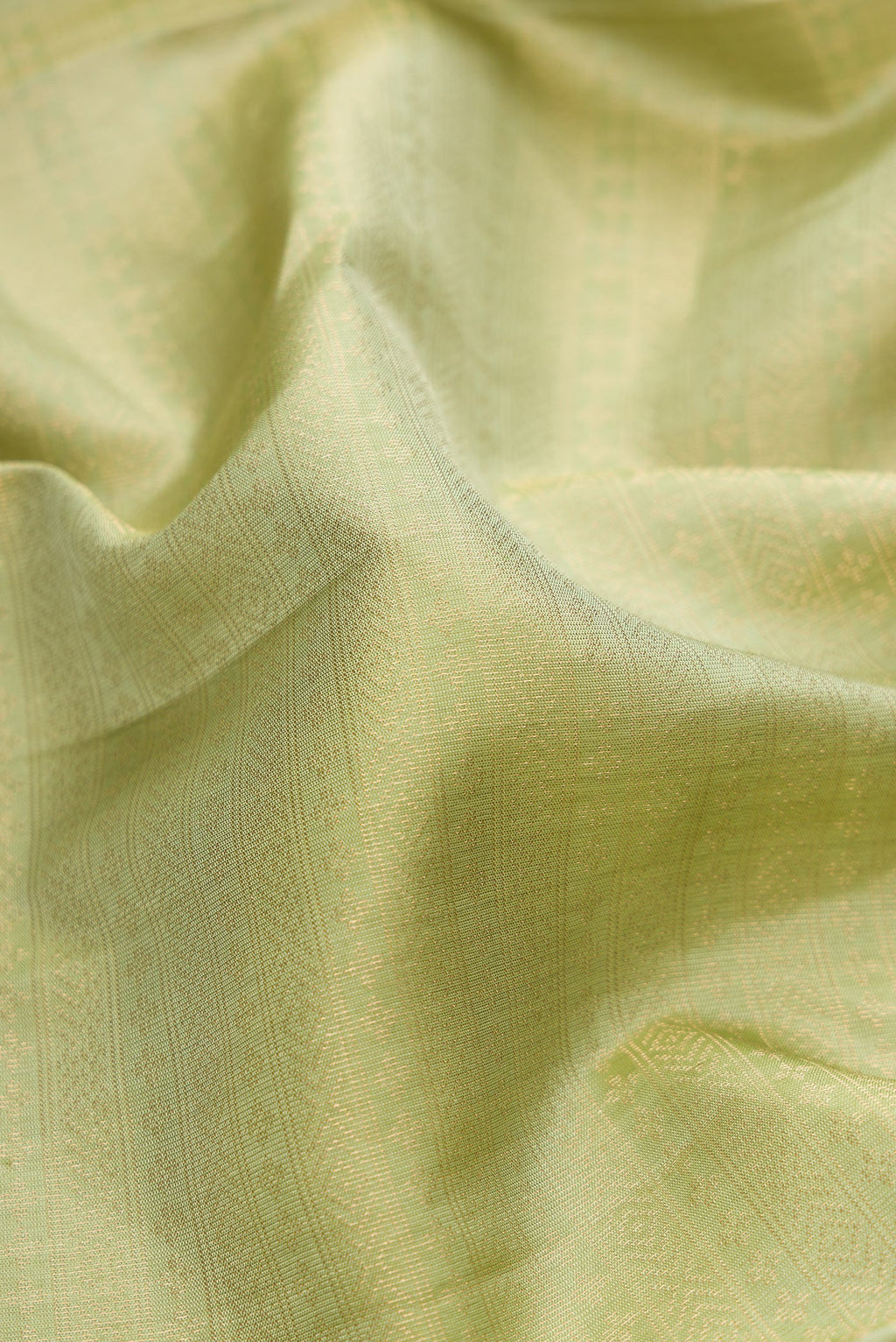 Close up of Pista Green Soft Silk Saree with Zari Brocade on the body and Fancy Border.  displaying folds