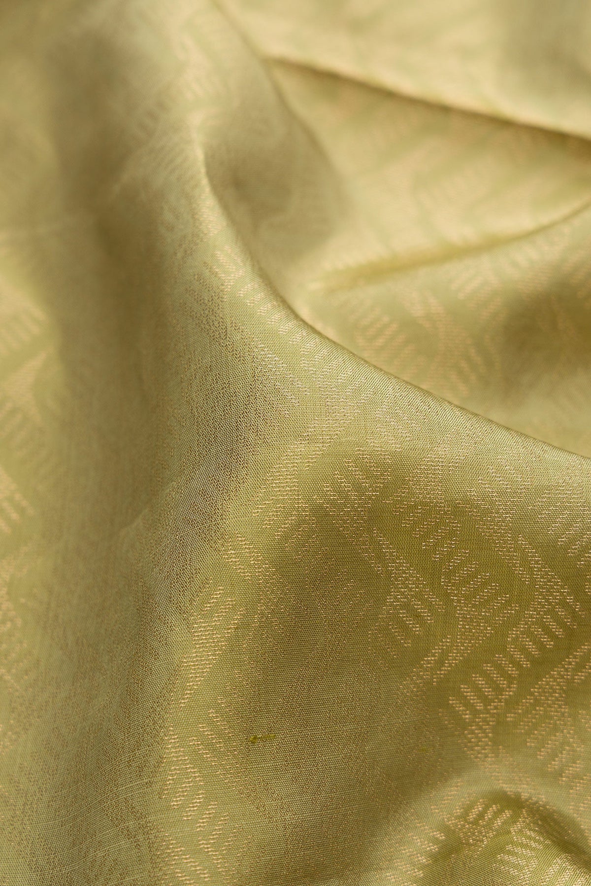 Close up of Sage Green Soft Silk Saree with Zari Brocade on the body and Fancy Border.  displaying folds