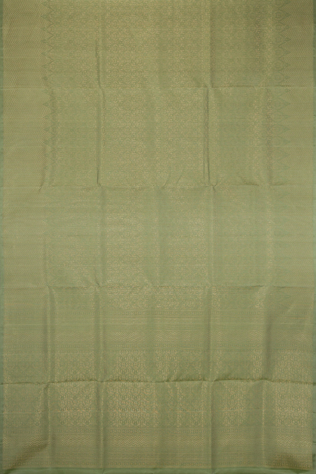 Flat view of Sage Green Soft Silk Saree with Zari Brocade on the body and Fancy Border. 