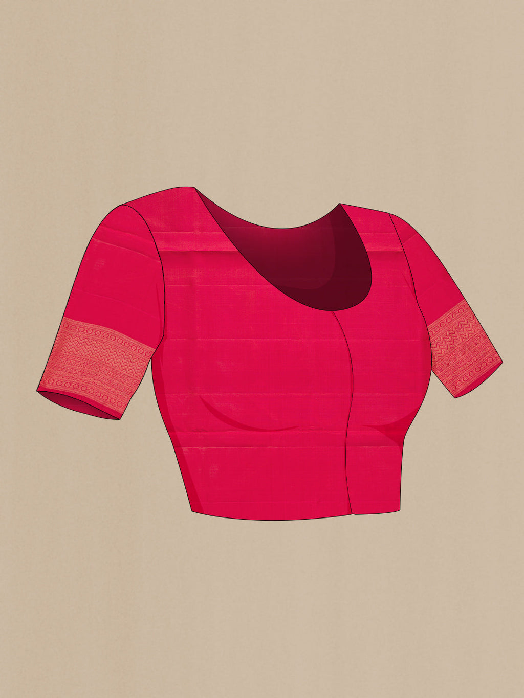 Close up image of the blouse of Coral Soft Silk Saree with Zari Brocade on the body and Fancy Border. 