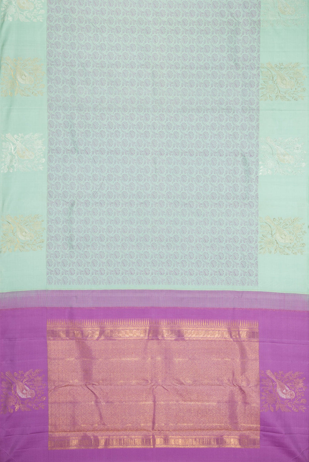 Flat view of Light Blue Kanjivaram Silk Saree with Jacquard design on the body and Fancy Border. 