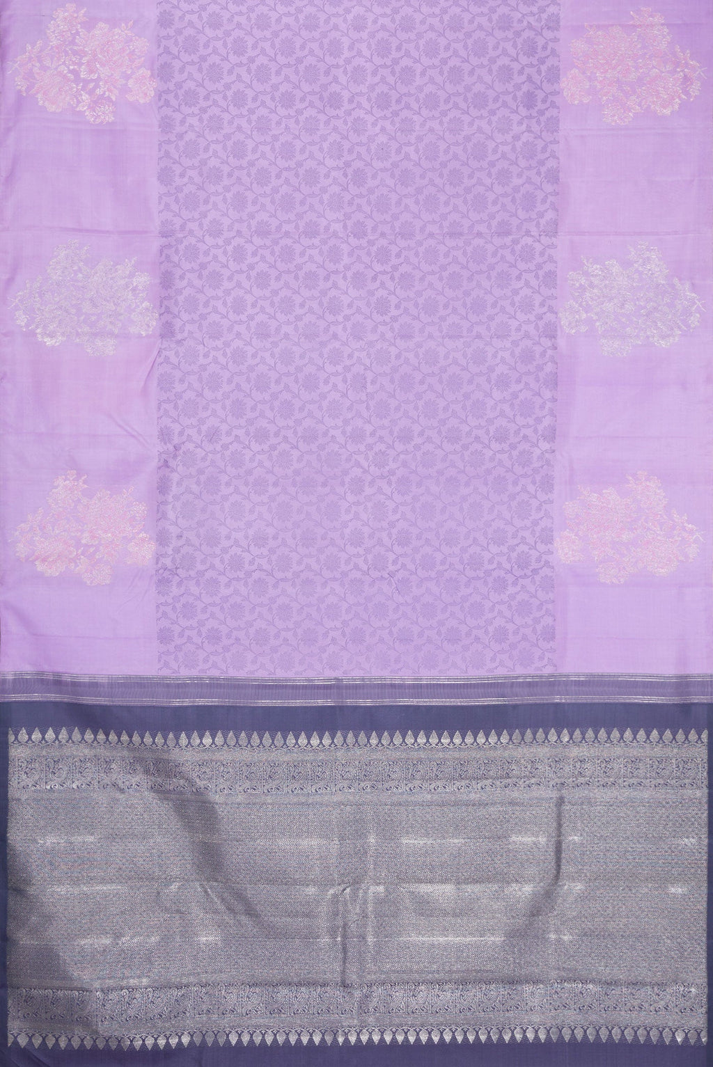 Flat view of Lavender Kanjivaram Silk Saree with Jacquard design on the body and Fancy Border. 