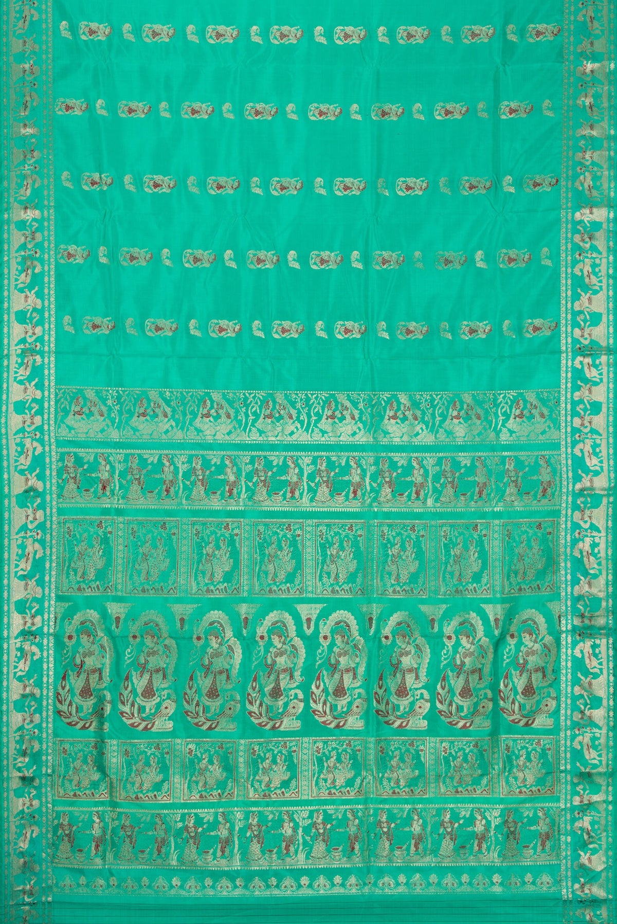 Flat view of Sea Green Dual Tone Baluchari Silk Saree with Zari And Thread Butta on the body and Fancy Border. 