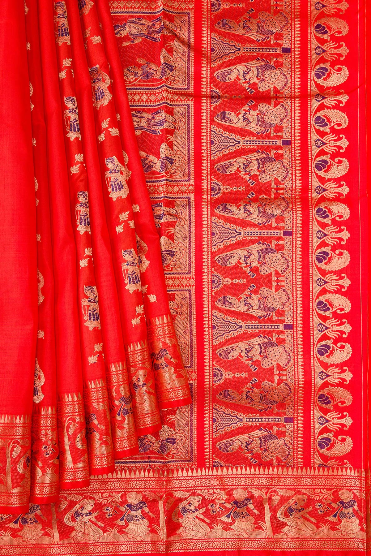 Pleats and pallu of Orange Baluchari Silk Saree with Zari And Thread Butta on the body and Fancy Border. 