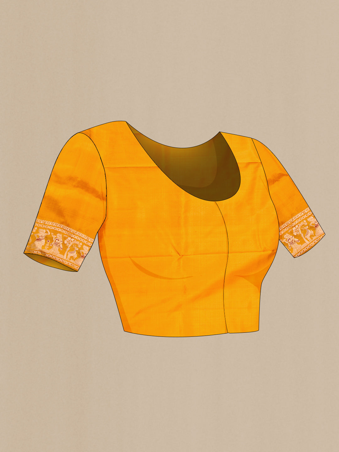 Close up image of the blouse of Mustard Baluchari Silk Saree with Zari And Thread Butta on the body and Zari Border. 