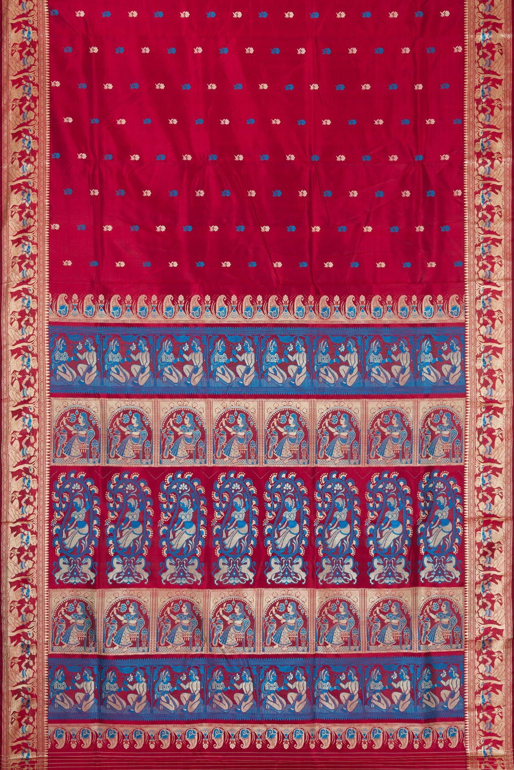 Flat view of Maroon Dual Tone Baluchari Silk Saree with Thread Butta on the body and Thread Border. 