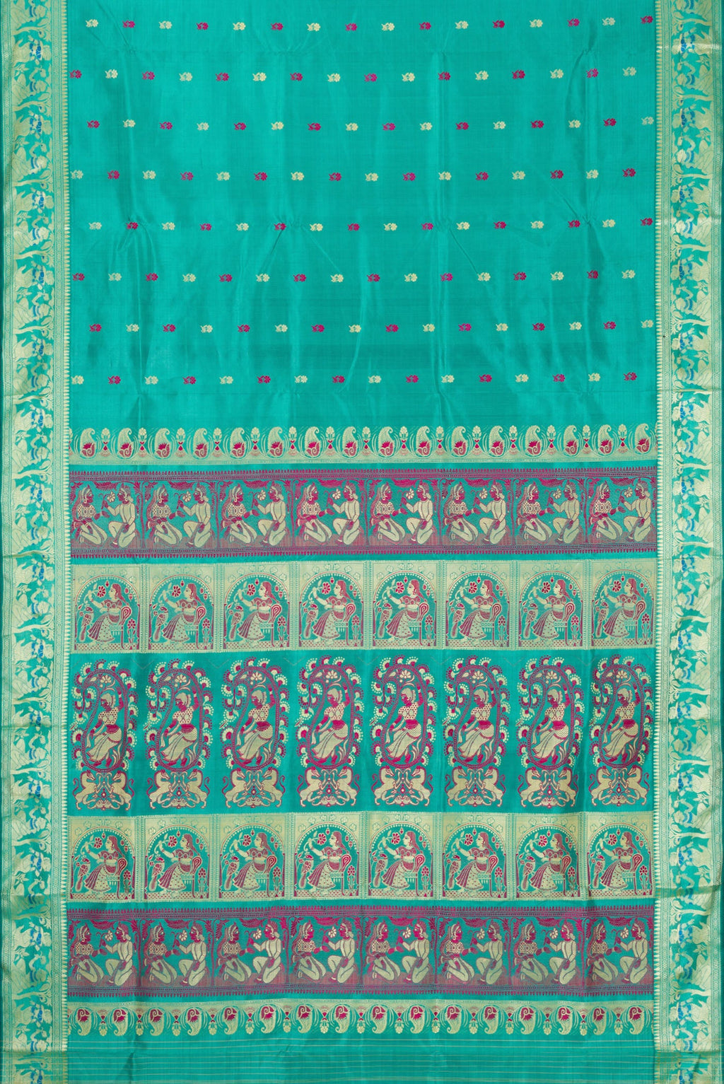 Flat view of Turquoise Baluchari Silk Saree with Thread Butta on the body and Thread Border. 