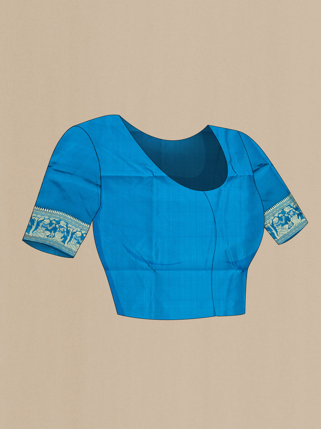Close up image of the blouse of Sky Blue Baluchari Silk Saree with Thread Butta on the body and Thread Border. 
