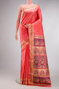Peach Baluchari Silk Saree with Thread Butta on the body and Thread Border.  displayed on a mannequin