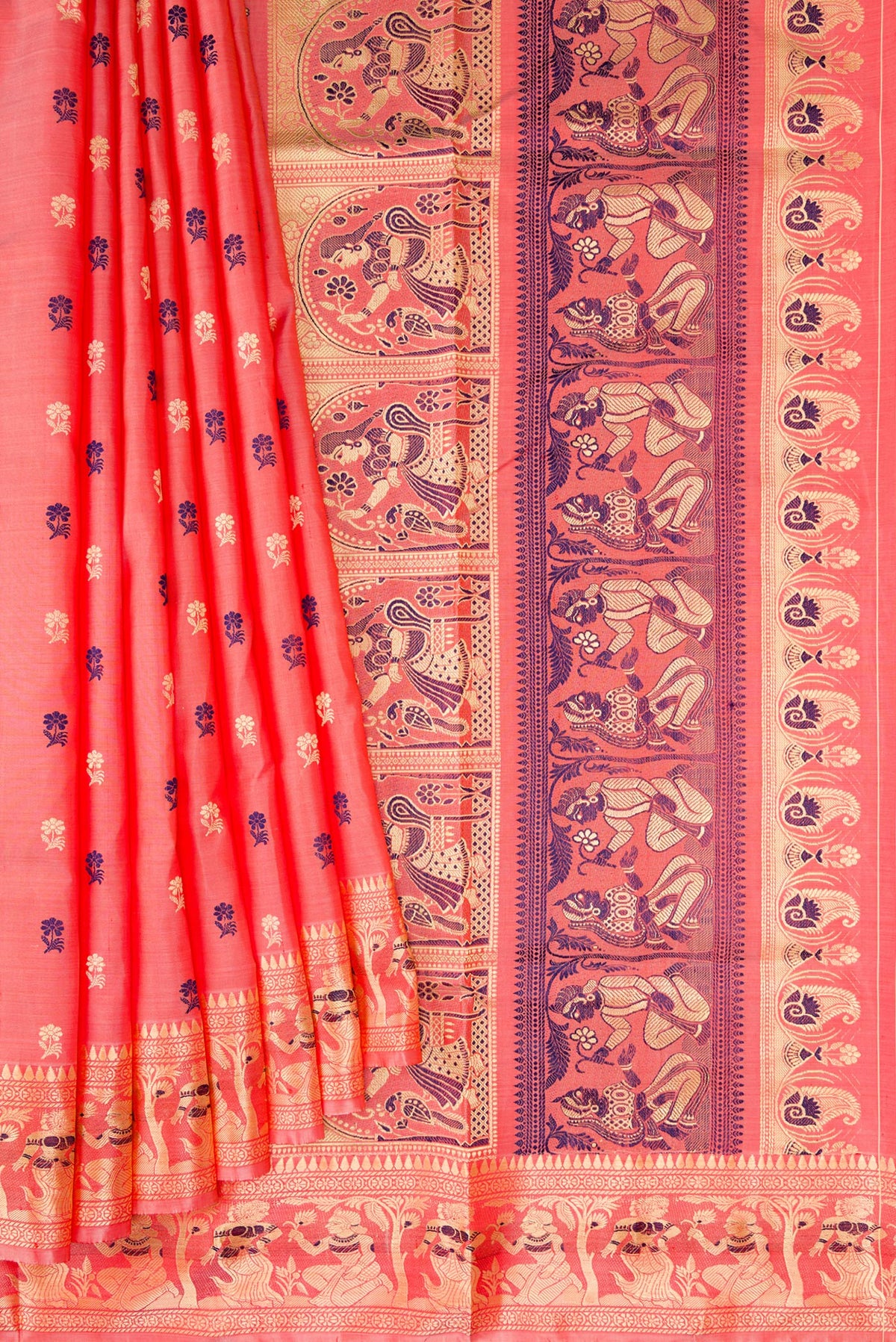 Pleats and pallu of Peach Baluchari Silk Saree with Thread Butta on the body and Thread Border. 