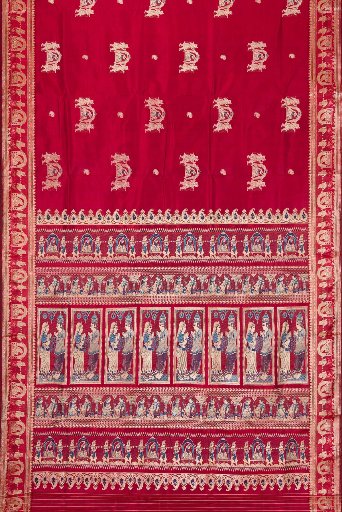 Flat view of Maroon Baluchari Silk Saree with Thread Butta on the body and Thread Border. 