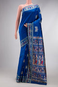 Royal Blue Dual Tone Baluchari Silk Saree with Thread Butta on the body and Thread Border.  displayed on a mannequin