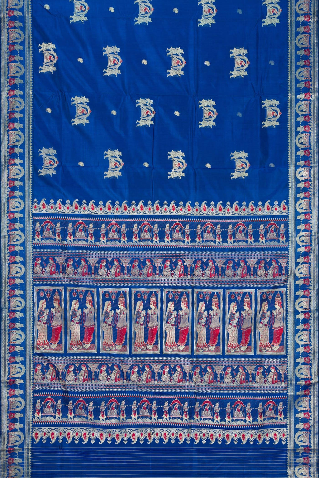 Flat view of Royal Blue Dual Tone Baluchari Silk Saree with Thread Butta on the body and Thread Border. 