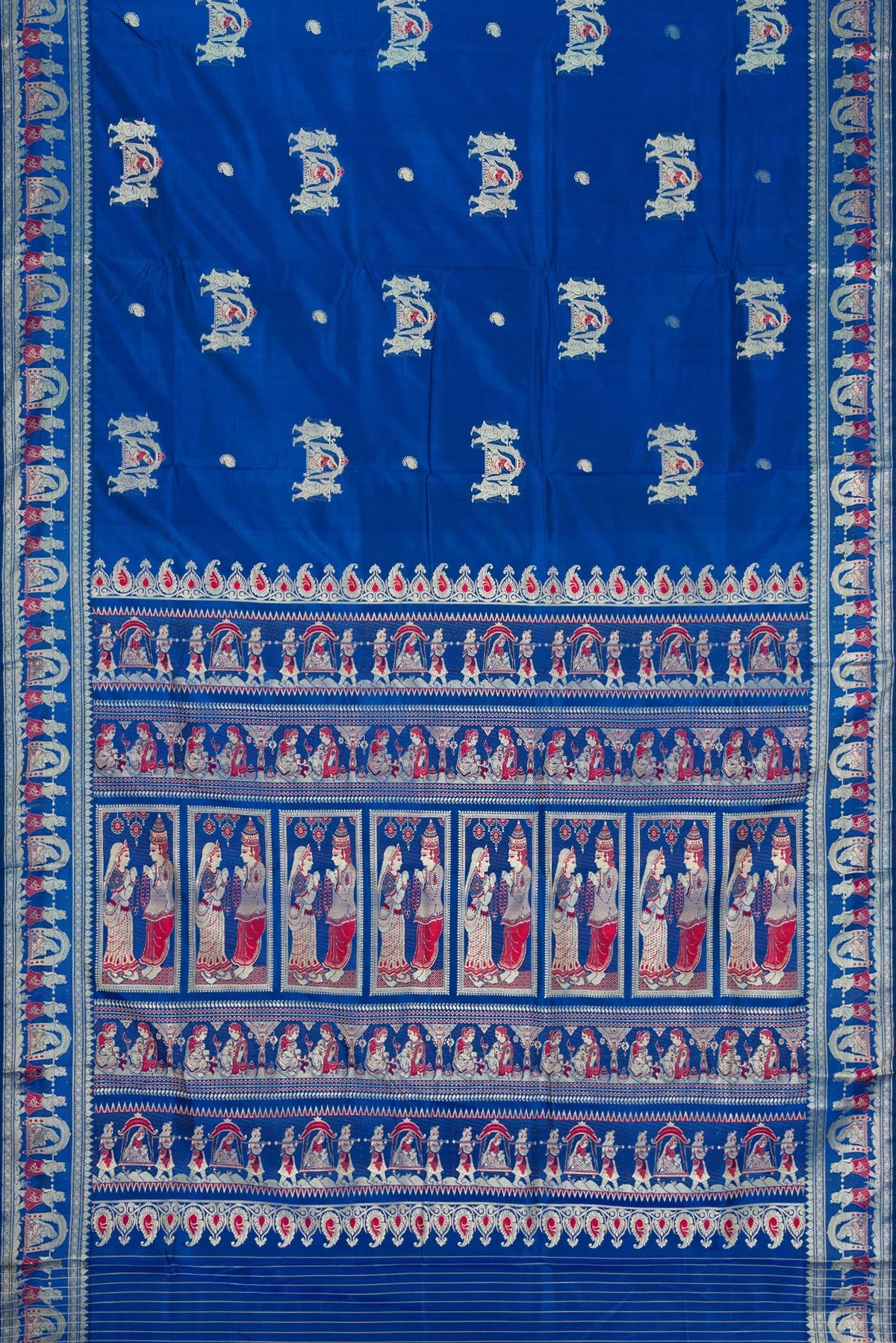 Flat view of Royal Blue Dual Tone Baluchari Silk Saree with Thread Butta on the body and Thread Border. 