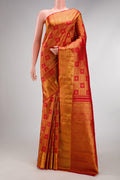 Red Kanchipuram Silk Saree with Zari Brocade on the body and Zari Border.  displayed on a mannequin