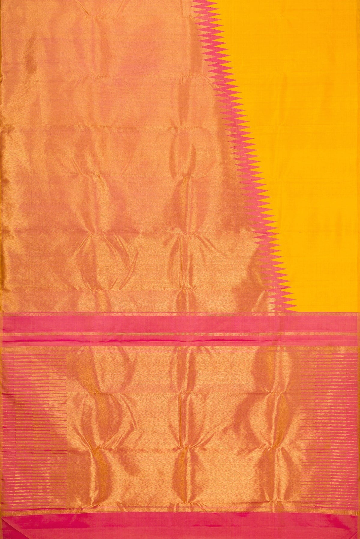 Flat view of Yellow Kanjivaram Silk Saree with Plain Body and Rising Temple Border. 