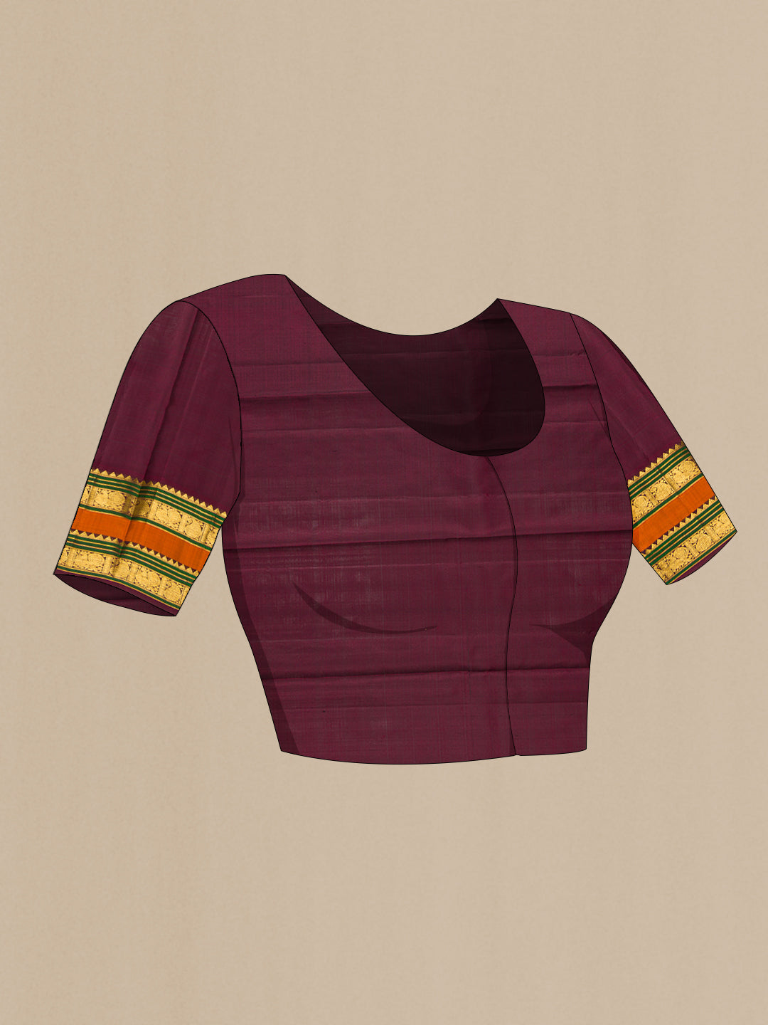 Close up image of the blouse of Rust Kanjivaram Silk Saree with Zari Butta on the body and Zari Border. 