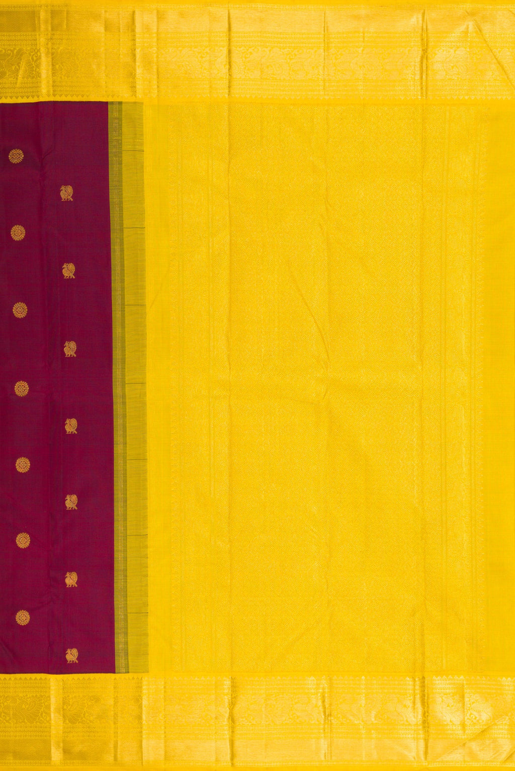 Close up image of the pallu of Maroon Kanjivaram Silk Saree with Zari Butta on the body and Zari Border. 