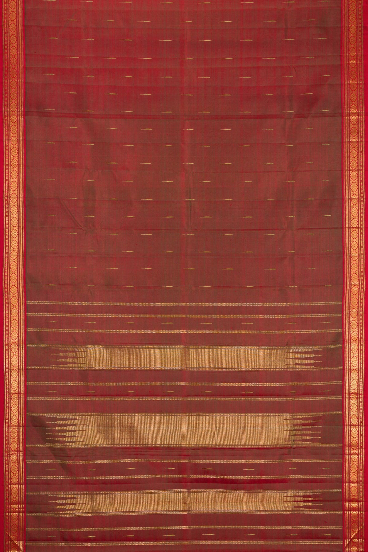 Flat view of Mehandi Green Dual Tone Kanjivaram Silk Saree with Zari Butta on the body and Zari Border. 