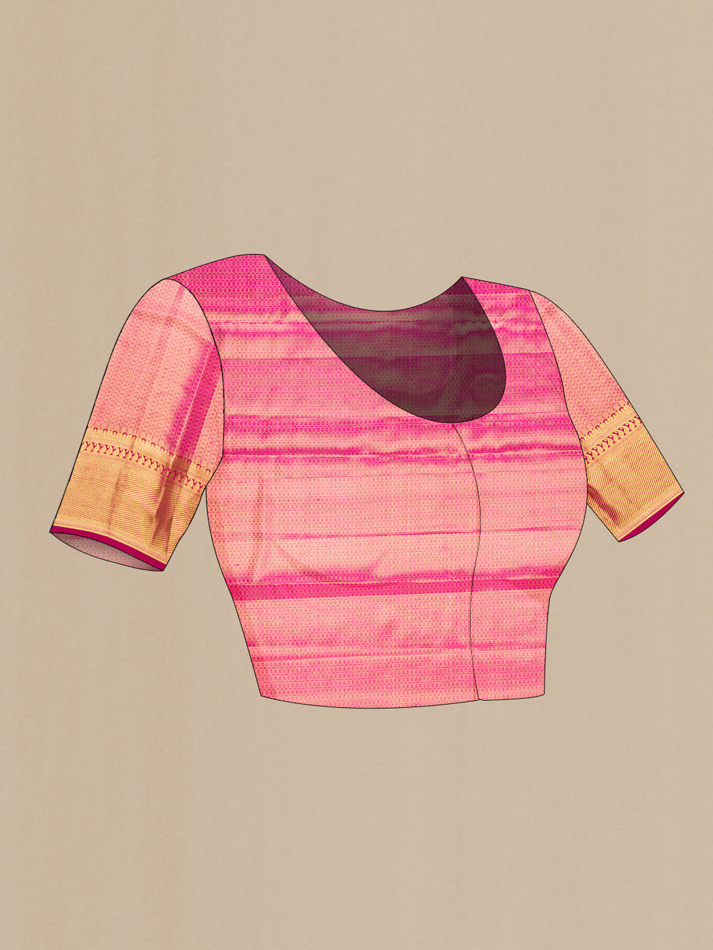 Close up image of the blouse of Pink Dual Tone Kanchipuram Tissue Silk Saree with Zari Brocade on the body and Zari Border. 
