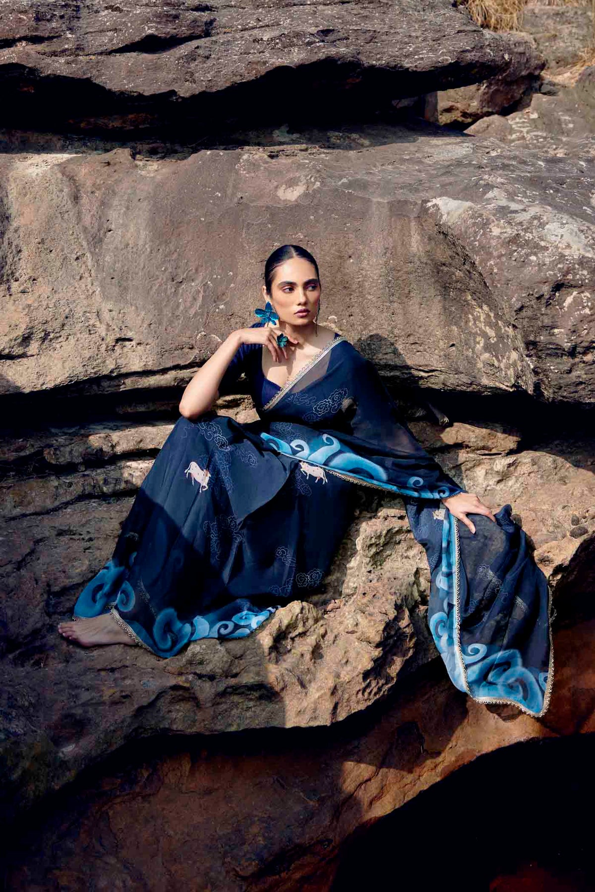 Sea of Tranquility-Dark Blue Pure Organza Silk Saree