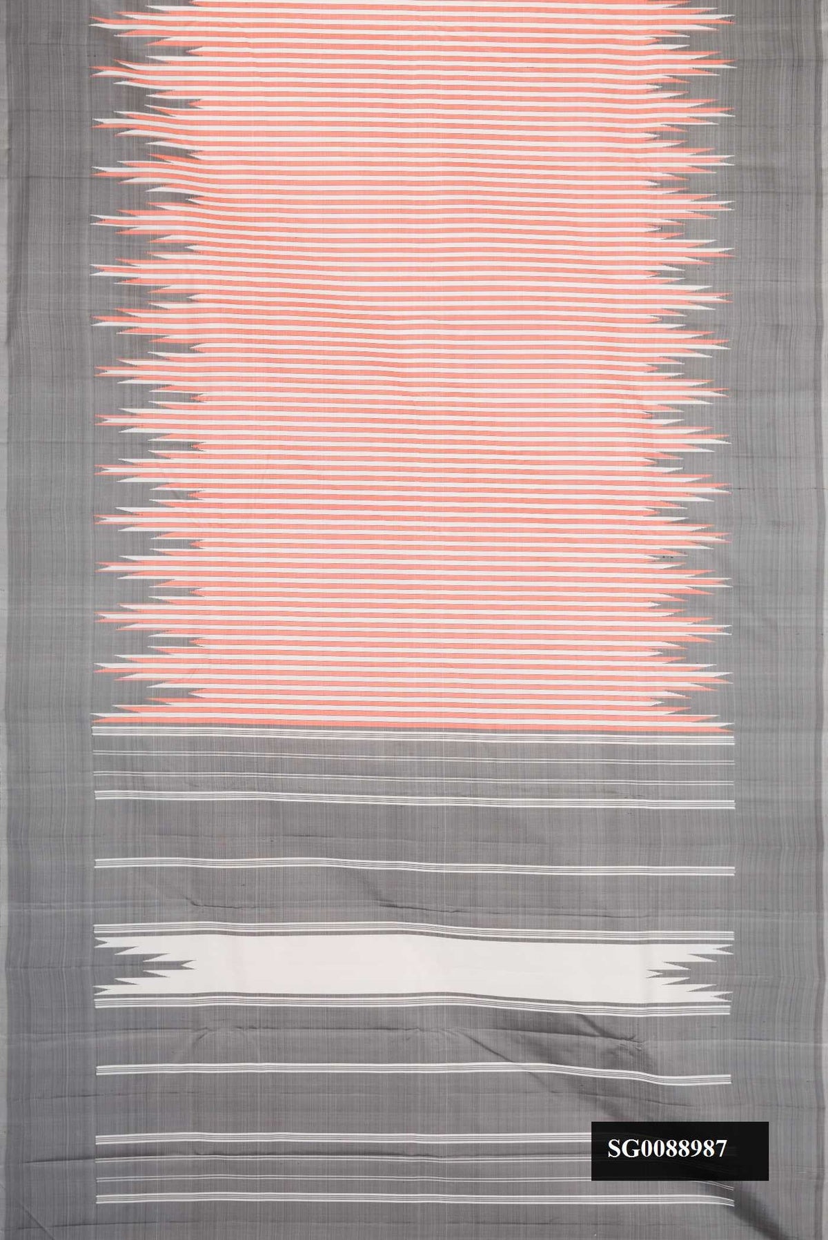 Off White Dual Tone Kanchipuram Silk Saree with Stripes on the body and Temple Thread Border.  displayed on a mannequin