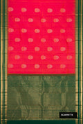Dark Pink Dual Tone Kanchipuram Silk Saree with Zari Butta on the body and Zari Border.  displayed on a mannequin