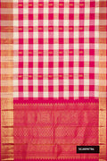 Multi Kanchipuram Silk Saree with Checked design on the body and Zari Border.  displayed on a mannequin