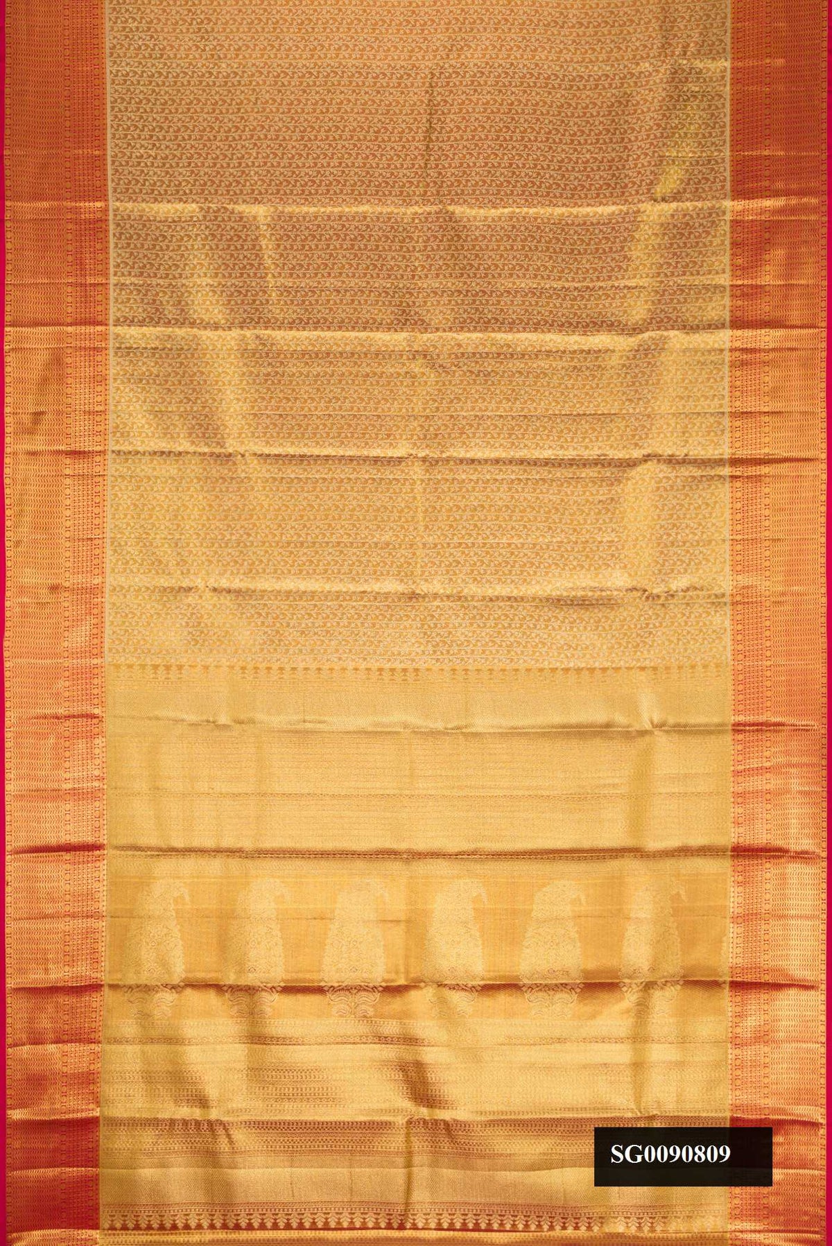 Gold Dual Tone Kanchipuram Tissue Silk Saree with Zari Brocade on the body and Zari Border.  displayed on a mannequin