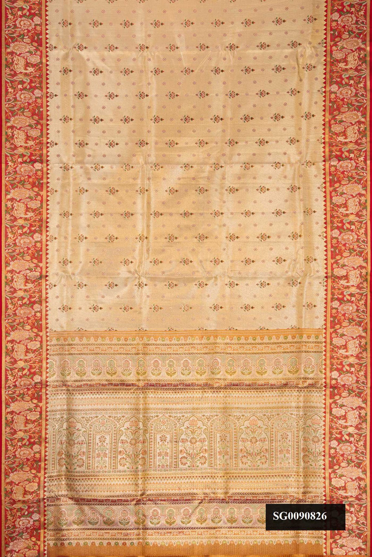 Gold Dual Tone Kanchipuram Tissue Silk Saree with Zari Brocade on the body and Fancy Border.  displayed on a mannequin