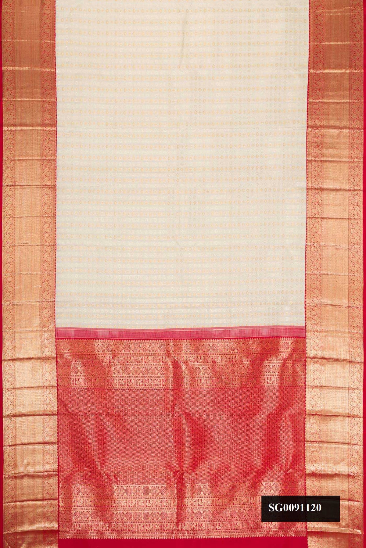 Off White Dual Tone Kanchipuram Silk Saree with Stripes on the body and Zari Border.  displayed on a mannequin