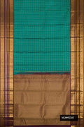 Green Dual Tone Kanchipuram Silk Saree with Checked design on the body and Zari Border.  displayed on a mannequin