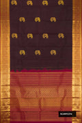 Coffee Brown Dual Tone Kanchipuram Silk Saree with Zari Butta on the body and Zari Border.  displayed on a mannequin