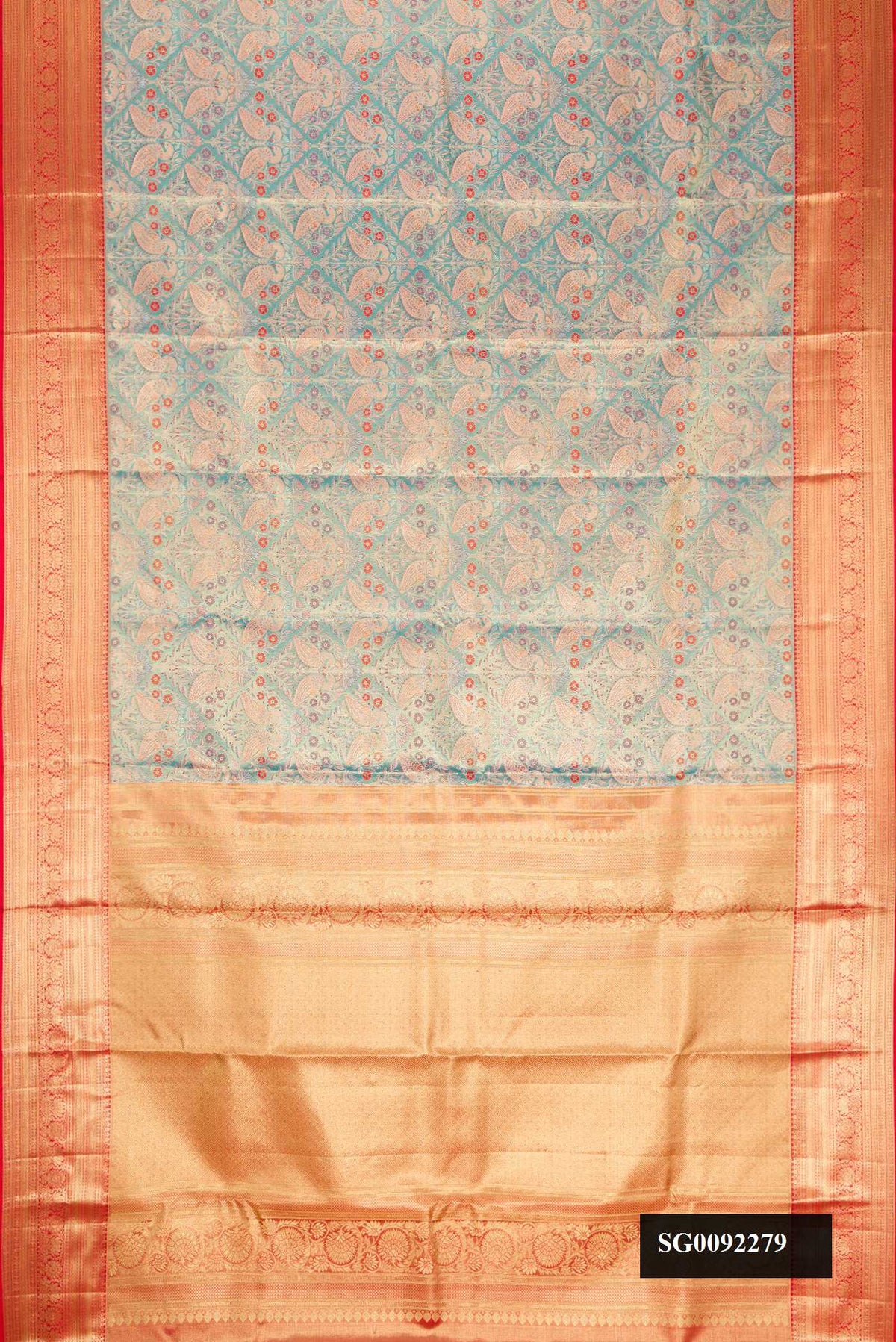 Blue Dual Tone Kanchipuram Tissue Silk Saree with Zari Brocade on the body and Zari Border.  displayed on a mannequin