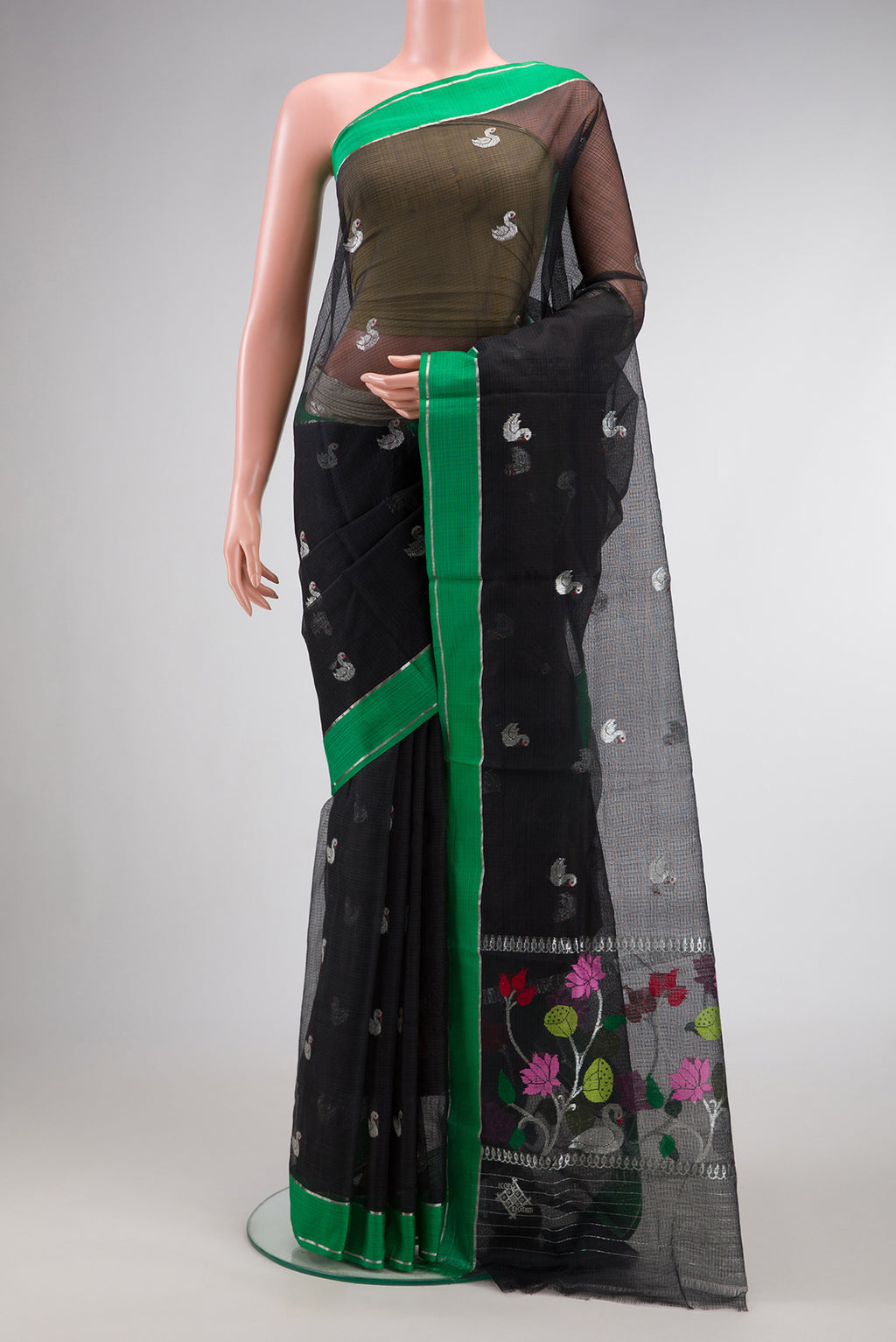 Red Soft Silk Saree with Zari Butta on the body and Zari Border.  displayed on a mannequin