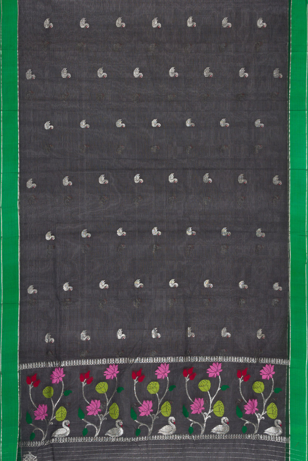 Pleats and pallu of Blue Kanchipuram Silk Saree with Thread Butta on the body and Thread Border. 