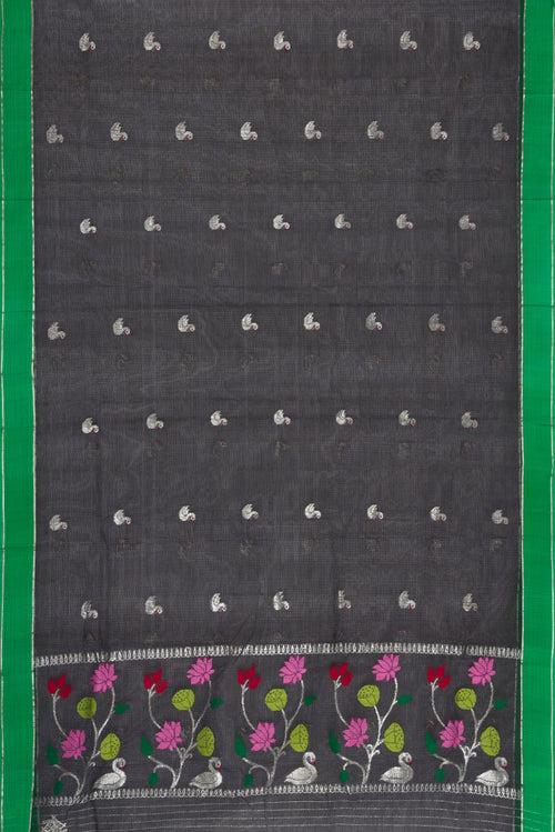 Pleats and pallu of Black Mysore Crepe Saree with Jacquard design on the body and Zari Border. 