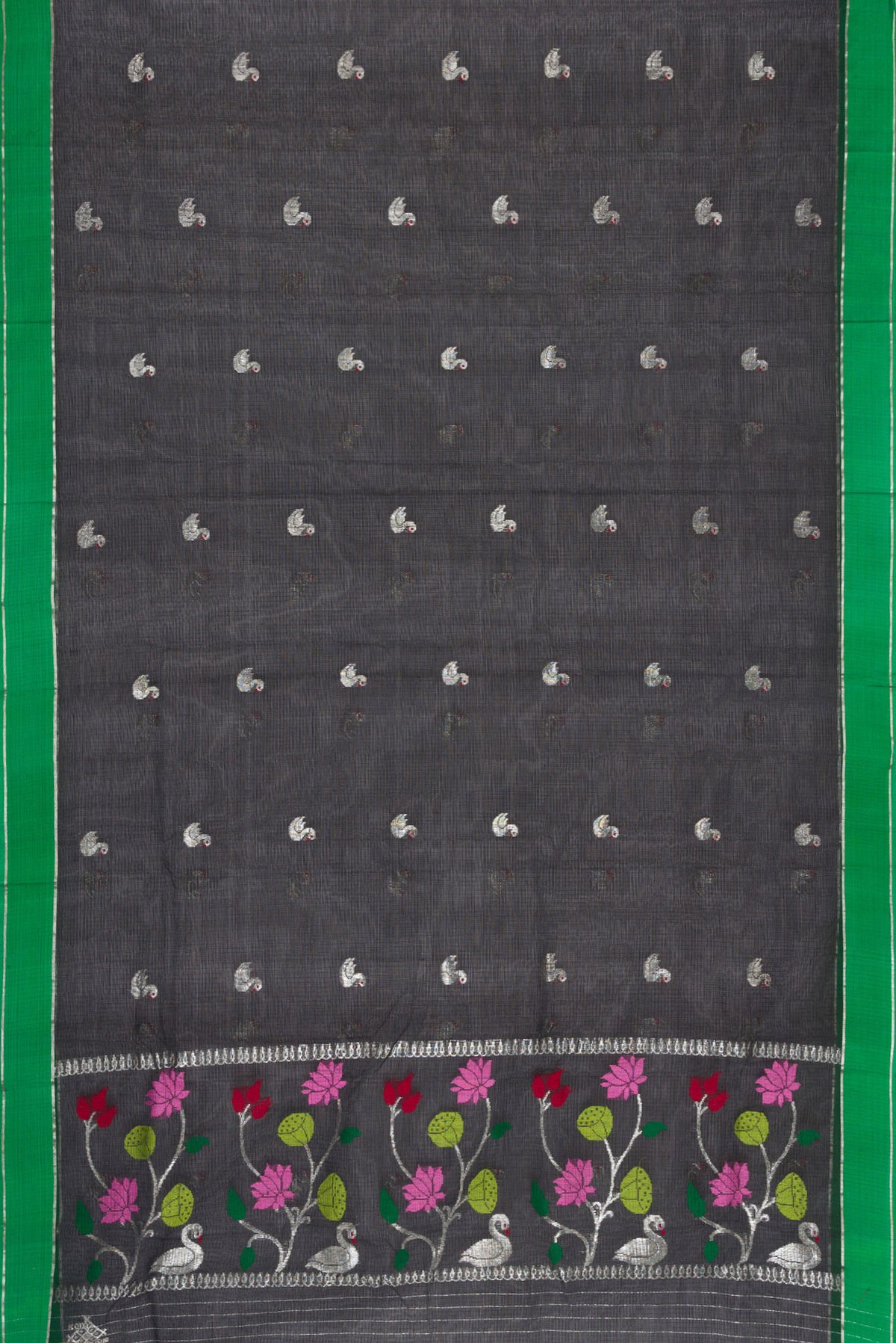 Pleats and pallu of Rose pink Dual Tone Organza Silk Saree with Embroidery on the body and Embroidery Border. 
