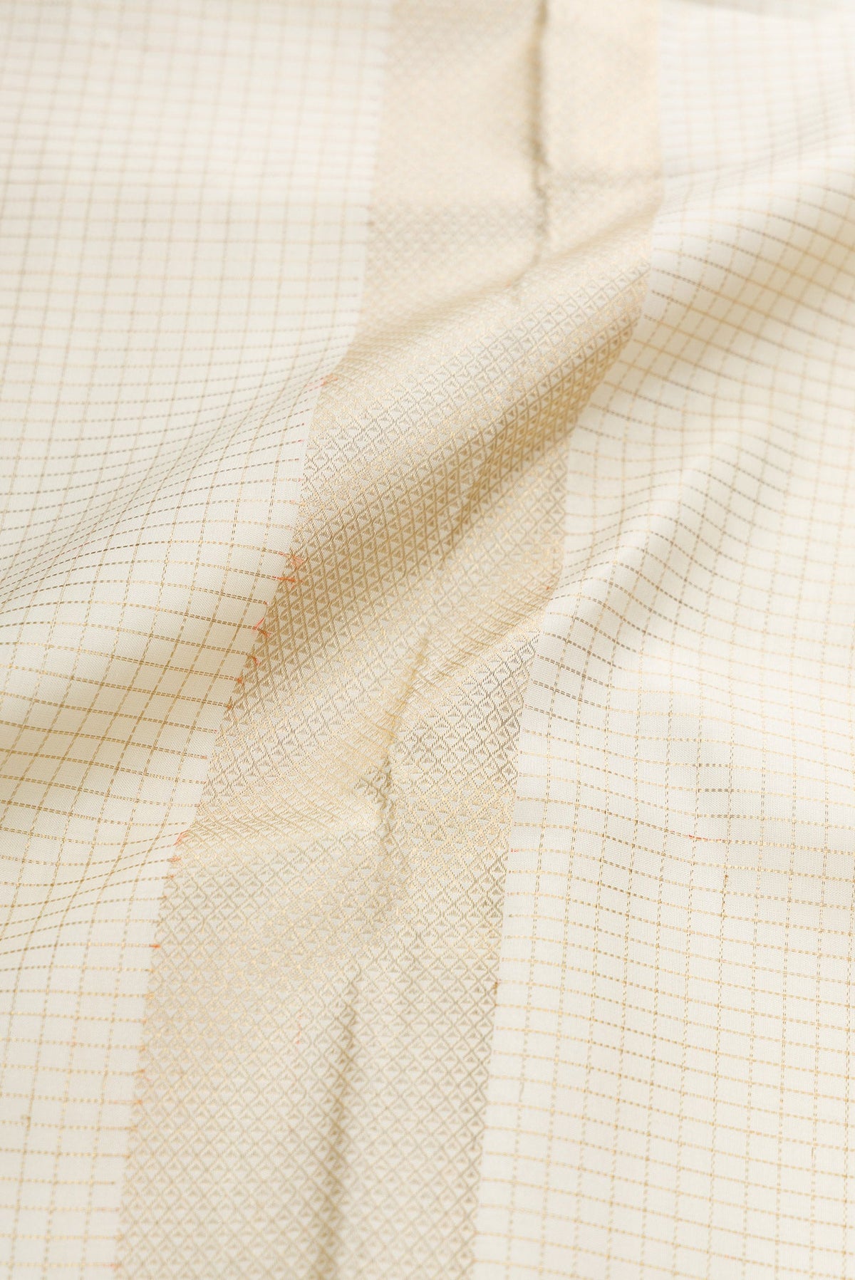 Off White Silk Dhoti With Angavastram (9X 5) Muzham with Checked design on the body and Zari Border