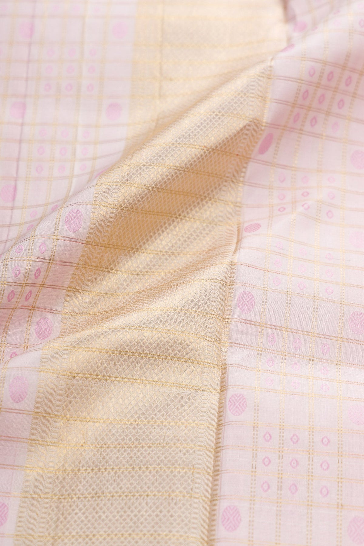 Pink Silk Dhoti With Angavastram (8X4) Muzham with Checked design on the body and Zari Border