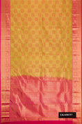 Mehandi Green Dual Tone Kanchipuram Silk Saree with Zari Brocade on the body and Zari Border.  displayed on a mannequin