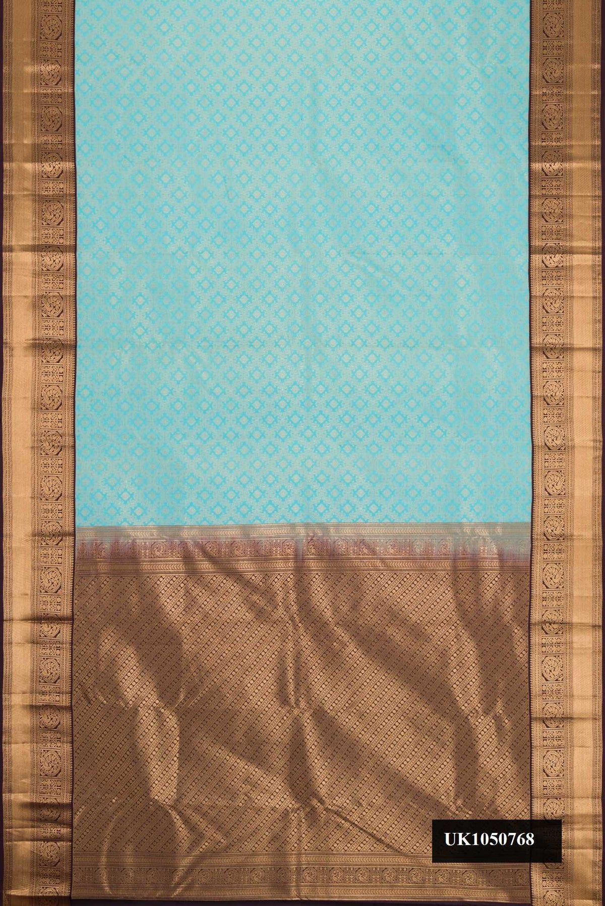 Light Blue Dual Tone Kanchipuram Silk Saree with Zari Brocade on the body and Zari Border.  displayed on a mannequin