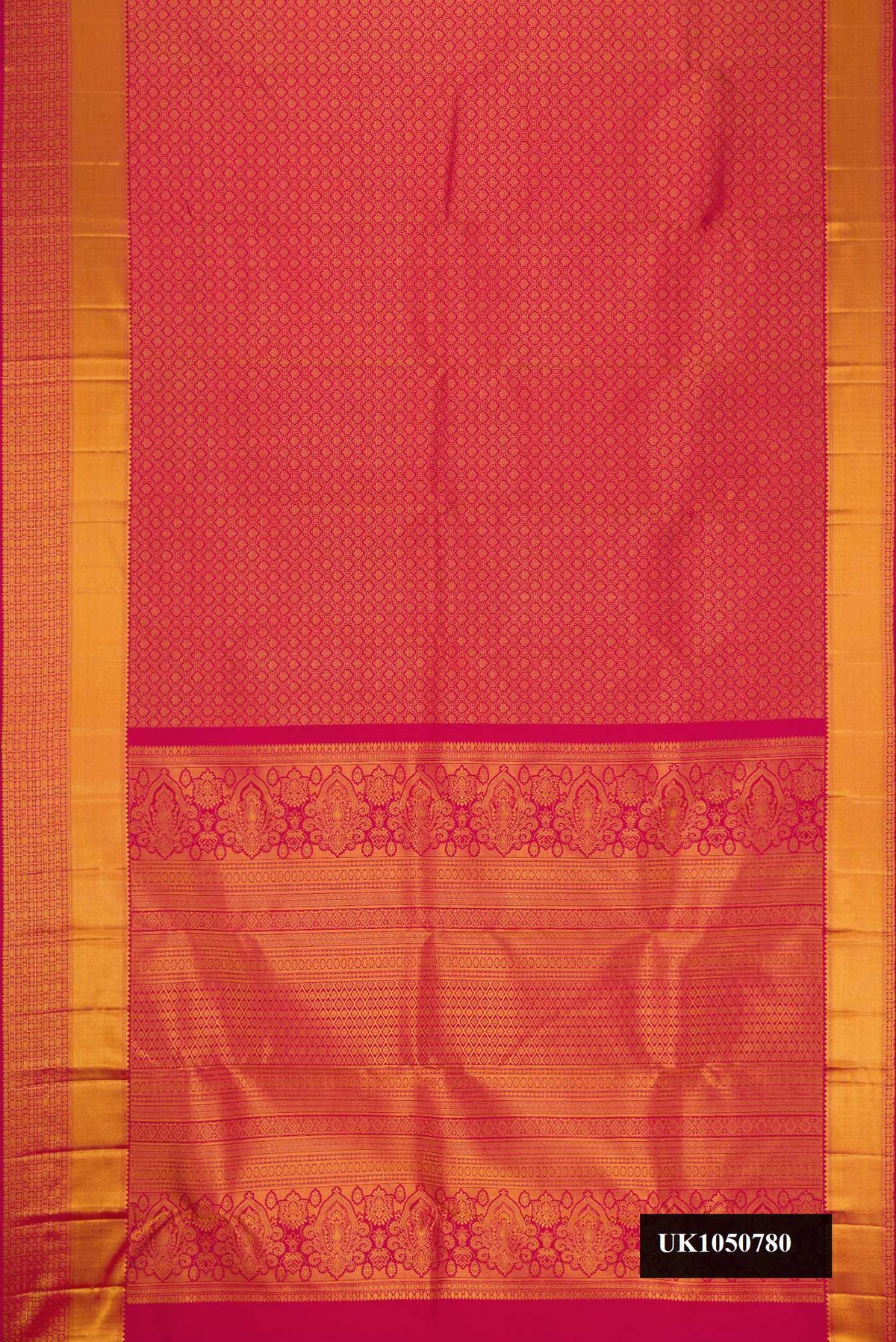 Dark Pink Dual Tone Kanchipuram Silk Saree with Zari Brocade on the body and Zari Border.  displayed on a mannequin
