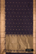 Navy Blue Dual Tone Kanchipuram Silk Saree with Zari Butta on the body and Zari Border.  displayed on a mannequin