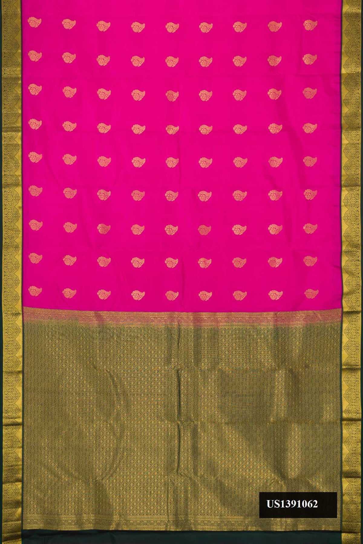 Pink Dual Tone Kanchipuram Silk Saree with Zari Butta on the body and Zari Border.  displayed on a mannequin