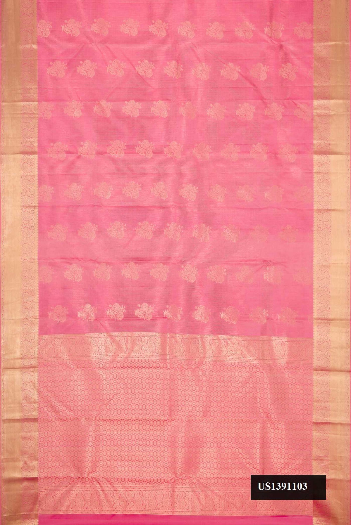 Pink Dual Tone Kanchipuram Silk Saree with Zari Butta on the body and Zari Border.  displayed on a mannequin